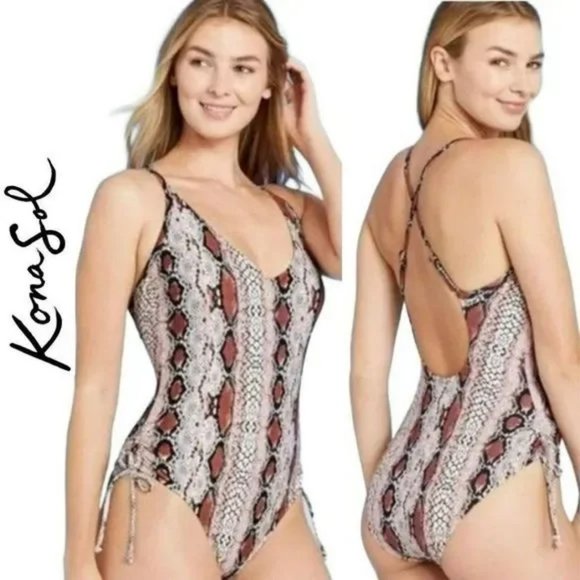 Kona Sol Brown Nude Cream Snakeskin Print V-Neck One-piece Swim Suit Siz… - Picture 1 of 8